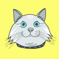 Cute fat gray cat face on pink background illustration