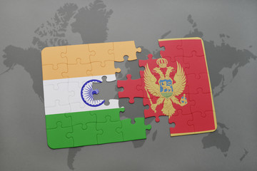 puzzle with the national flag of india and montenegro on a world map background.