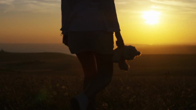 Silhouette female walks along a field at sunset holding her teddy bear, in slow motion