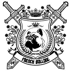 French Bulldog sword and shield emblem retro