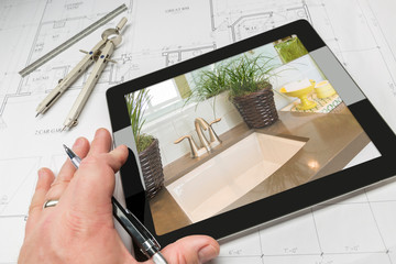 Hand of Architect on Computer Tablet Showing Luxury Bathroom Details Over House Plans, Compass and...