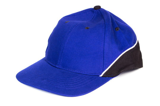 Blue baseball cap on white background, protection from sun