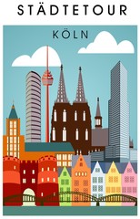 Köln Panorama Skyline Wandtatoo Sehenswürdigkeiten Kölner Dom Hohenzollernbrücke Rathaus Triangle Stadtansicht Städtetour Tourismus bunt Plakat Städtetour © Jyll