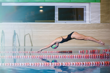 sports swimming, girl jump in the water
