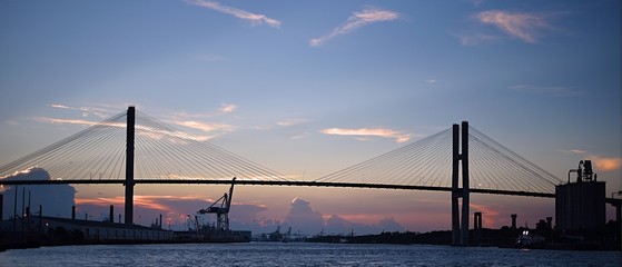 Sunset over suspension bridge in Savannah, Georgia