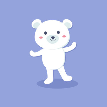Vector illustration of cute polar bear cartoon character standing in blue background. 