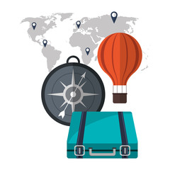 compass suitcase hot air balloon time travel vacations trip icon. Colorful design. Vector illustration