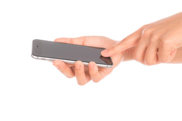 Business hand with mobile phone .