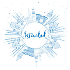 Outline Istanbul Skyline with Blue Landmarks and Copy Space.