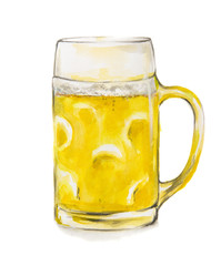 Watercolor beer glass on white background. Concept of bar, pub, beer demonstration and Oktoberfest.