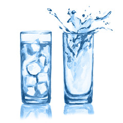 Watercolor glasses set. Glasses of water with ice cubes and splash. Fresh healthy beverage.