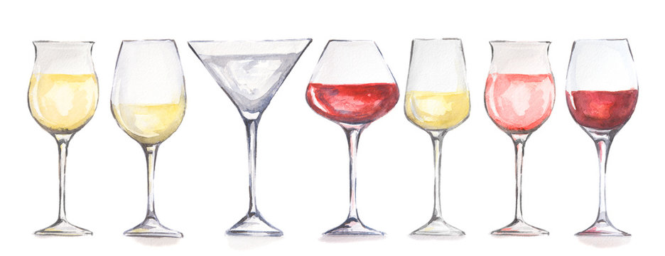 Watercolor wine glasses set. Beautiful glasses for decoration menu in restaurant or cafe. Alcoholic beverage.