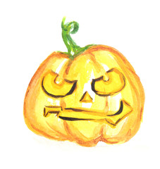 Watercolor scary pumpkin. Spooky face for Halloween. October festival.
