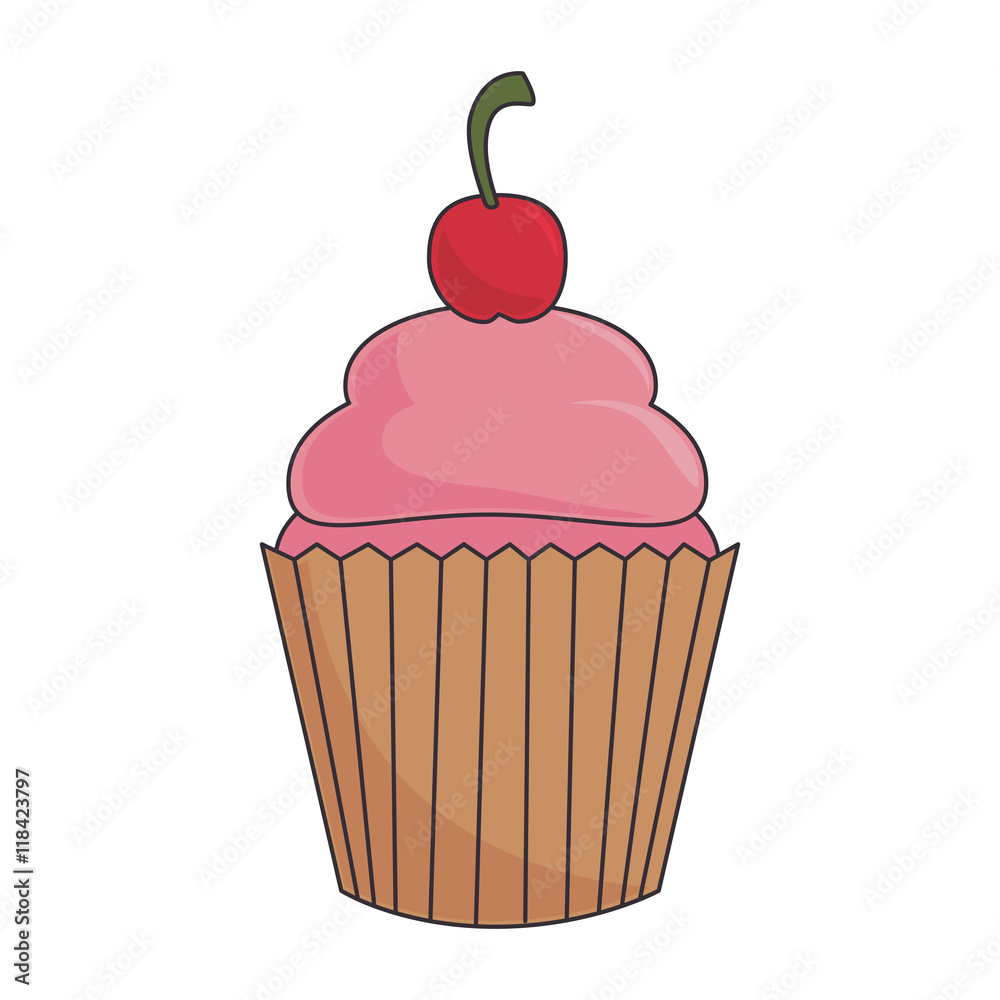 Sticker cupcake muffin strawberry dessert bakery cream cherry food vector illustration isolated