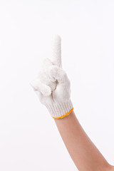 worker hand pointing up one finger, with cotton glove