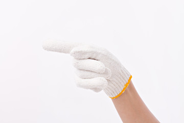 worker hand pointing up one finger to the side with cotton glove