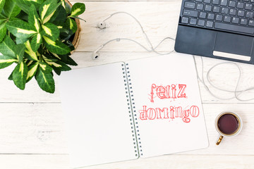 Cup of tea in morning and text in Notepad: Felize Domingo (Happy Sunday In Spanish/Portuguese)