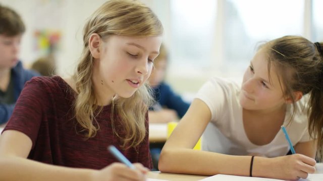  Portrait of young girls writing at their desks in school classroom