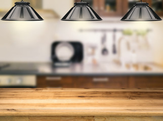 wooden counter with 3d rendering hanging lamps with kitchen background