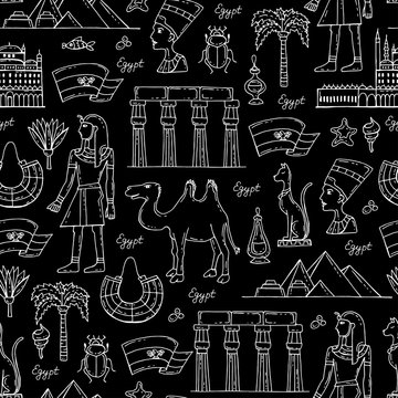 Vector seamless pattern with hand drawn symbols of Egypt on black color