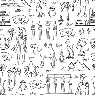 Vector seamless pattern with hand drawn symbols of Egypt on white color
