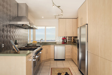 Designer kitchen with large 6 burner Chef Gourmet Oven and green