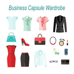 Businesswoman capsule wardrobe, clothes, accessories and cosmetics.Decorative icons flat set vector illustration