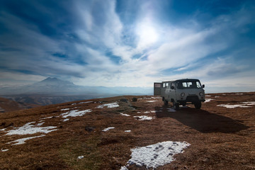 UAZ 452 in front of Elbrus