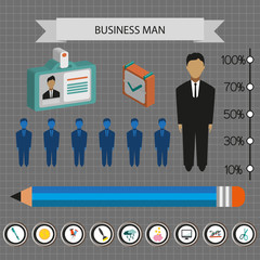 Business infographic with icons, persons, pencil and badge, flat design. Digital vector image