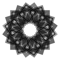 Abstract vector pattern tile. Monochrome  symmetrical composition of regular overlapping geometric shapes.