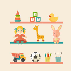 Baby toys icons on shelf. Place of child creativity Flat style vector illustration.