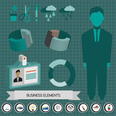 Business elements infographic with icons, persons, idea, charts and papers, flat design. Digital vector image