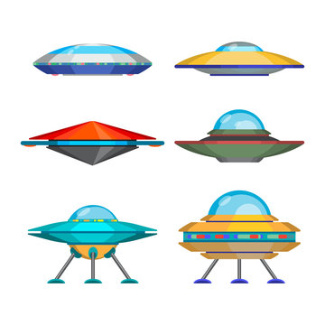 Set of cartoon funny aliens spaceships, vector illustration