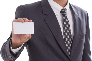 Businessman showing blank business card on white background with using path 