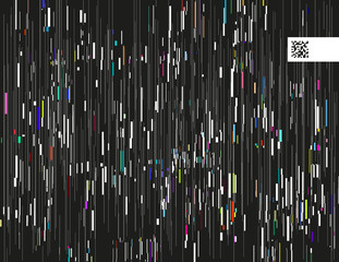 Glitched lines and colorful rectangular shapes. Bunch of collapsing data. Signal error in the dark digital space. Abstract background illustration. Element of design for poster, invitation or web.