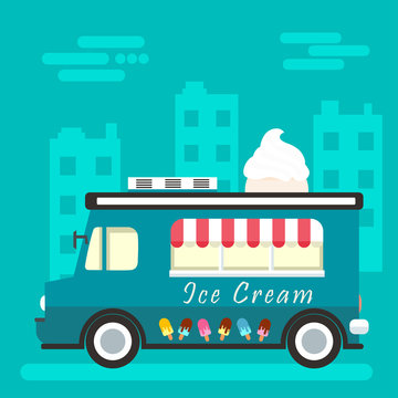 Vector flat design illustration on simplified ice cream truck
