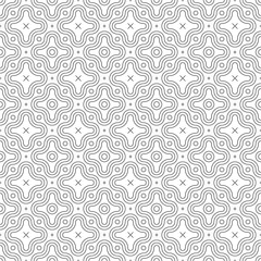 Black and white linear ornament. Rounded shapes and crossing lines. Seamless pattern for a background. - 118432558