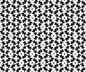 Monochrome geometric endless texture. Rectangles, circles and crosses. Sharp repetitive ornament. Seamless pattern for a background.
