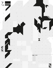 Abstract monochrome geometric composition. Contrast cybernetic backdrop with a sharp elements. Modern digital shapes. Background template for a poster, cover, annual report, invitation or postcard. - 118432577