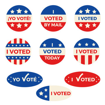 Set of nine different "I voted" badges and stickers, both in English and Spanish