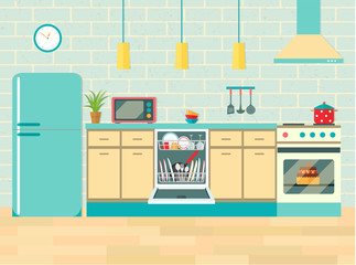 Kitchen retro interior with furniture and equipment. Vector flat illustration.