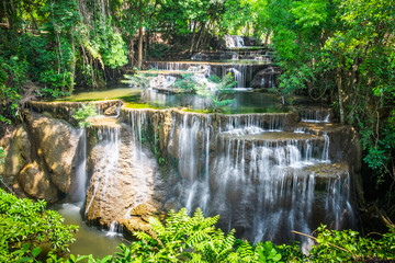 Fototapeta na wymiar Waterfall 4 floor scenic natural landmark at huai mae khamin national park, kanchanaburi, thailand