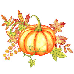 watercolor orange pumpkin and autumn leaves