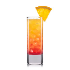 Red shot cocktail with orange isolated on white background.