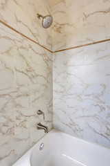 Bathroom interior design. View of open shower with tile wall trim.