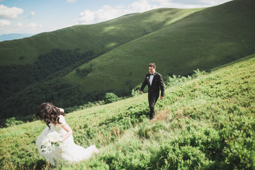 Fototapeta premium Beautiful wedding couple, bride and groom, in love on the background of mountains
