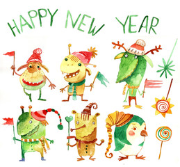 Happy new year, festive monsters, watercolor, pattern, holiday
