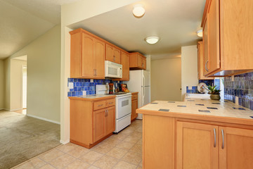 Kitchen interior. Maple cabinets and back splash trim.
