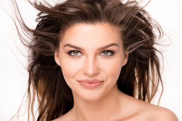 Beauty portrait of natural brunette woman.