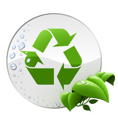 Round environmental label with recycling sign isolated on white.